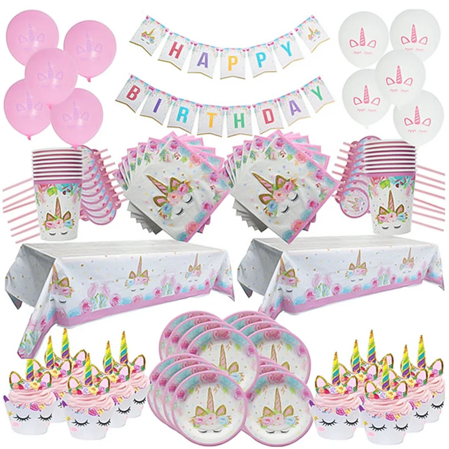 Unicorn Birthday Decorations With Napkins, Cups, Balloons, Table Cloth, Cake Topper for Birthday, Anniversary Supplies