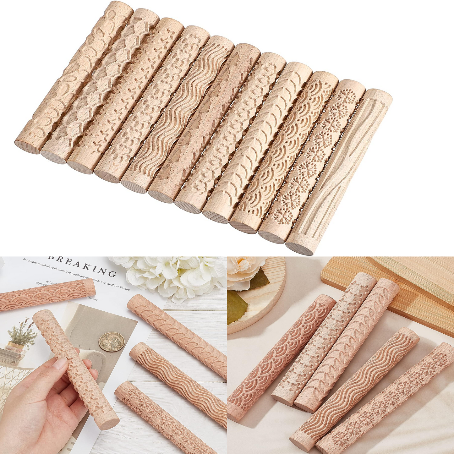 Wooden Texture Rolling Pin Ceramic Pottery Art Embossed Rod Flower Pattern Mud Roll Roll Reliefs DIY Clay Craft Tool