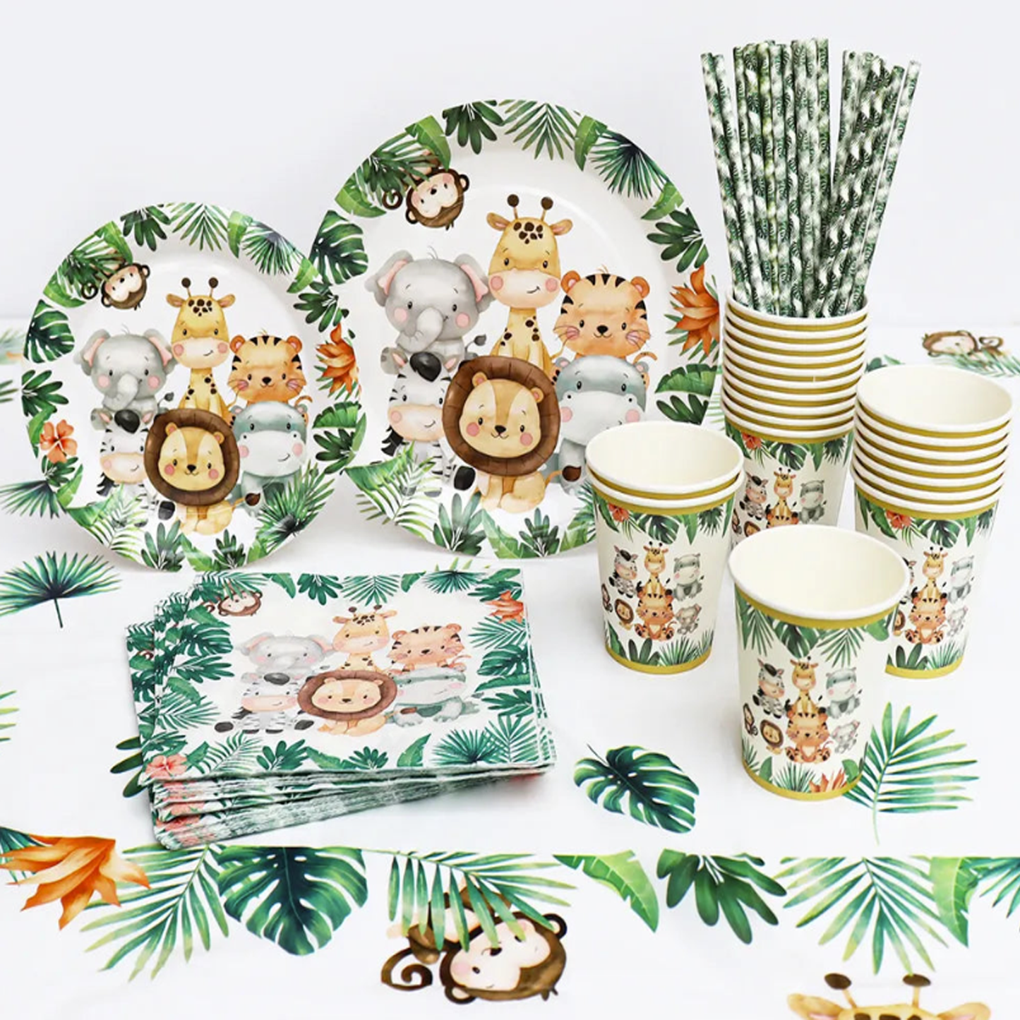 Safari Jungle Baby Shower Plates Set Napkins Tablecover Straws for Theme Birthday Tableware Set