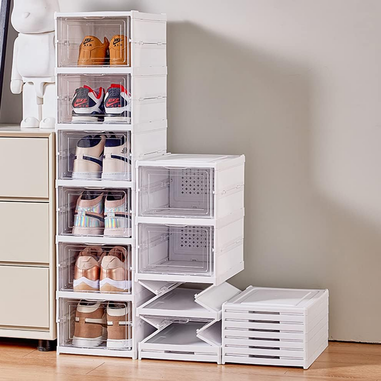 Foldable Shoe Rack Collapsible Storage Box Stackable Clear Plastic Boxes for Closet, Sneakers