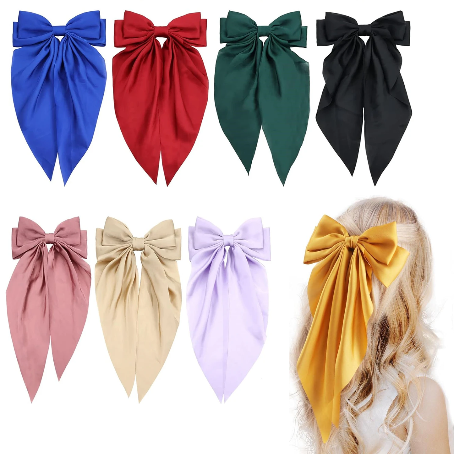 8pcs Satin Layered Hair Bow Clip for Barrette Hair Clip Long French Hair Style Accessories