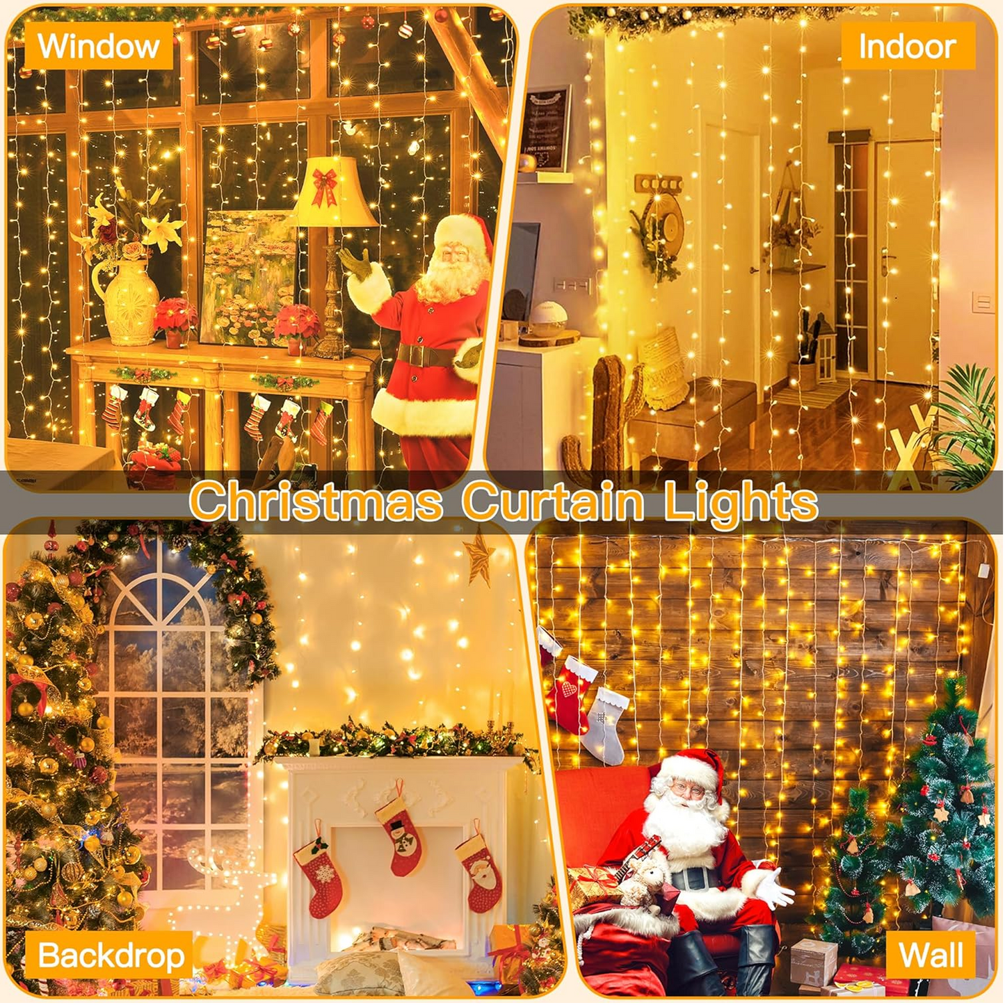 Christmas Fairy Curtain Lights Waterproof String Lights for Bedroom Backdrop Window Indoor Outdoor