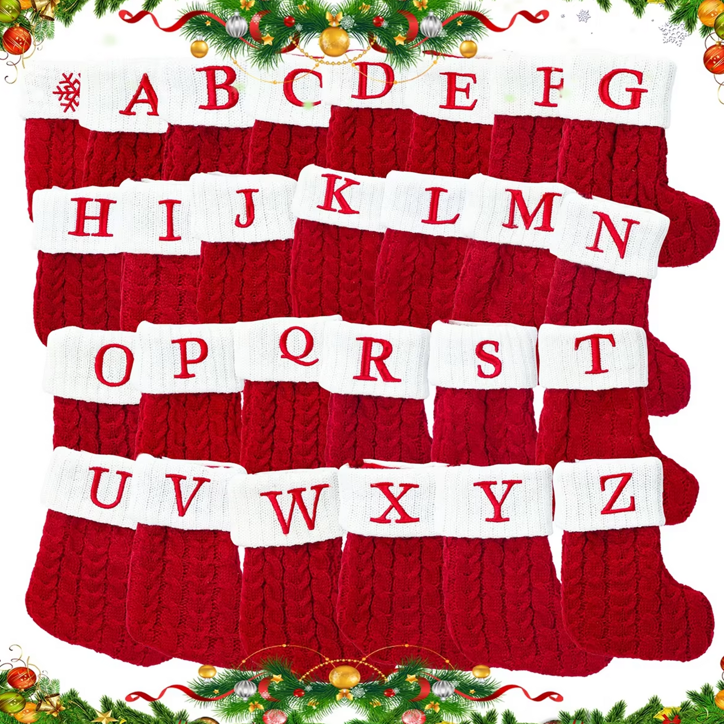 Christmas Stockings with Initials Embroidered Letter Knit Red White Stocking for Family Holiday Decorations