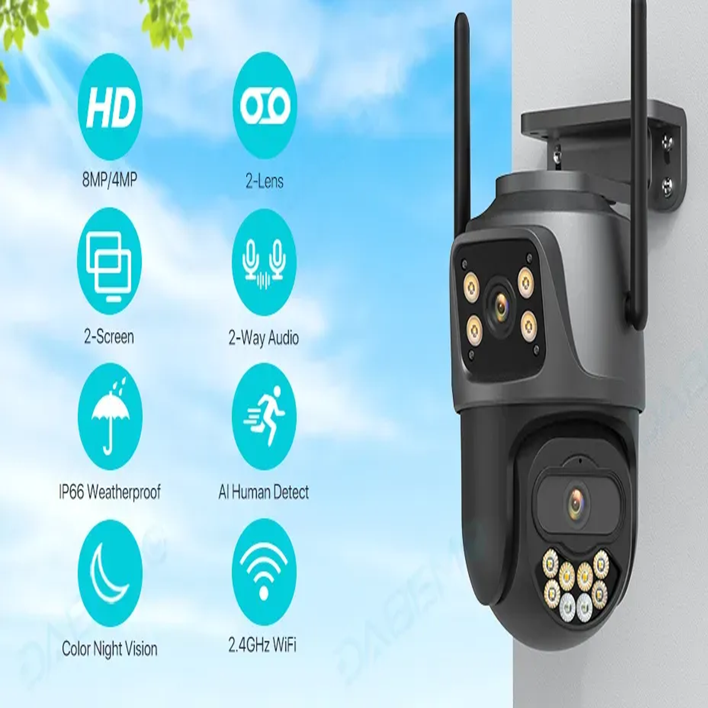 4K PTZ Wireless Security Camera Outdoor Dual Screen IP66 Waterproof Outside for Home Security