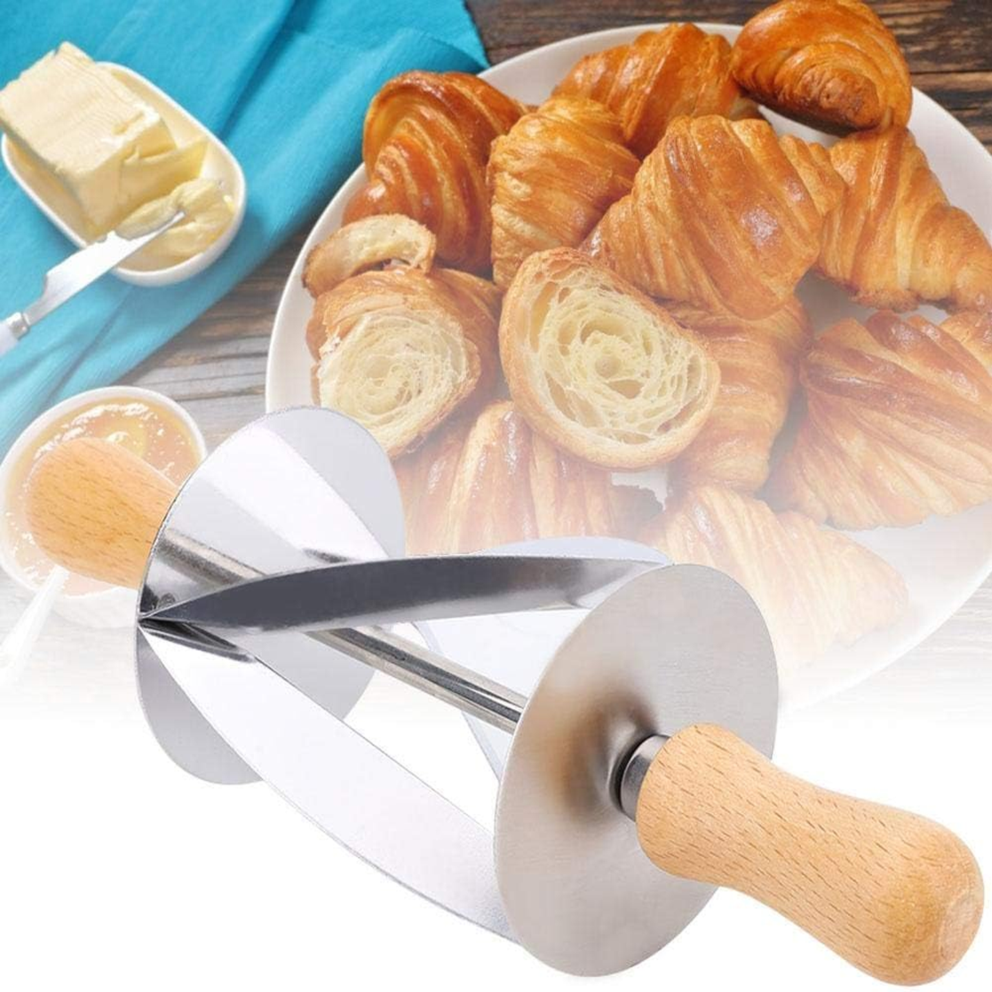 Croissant Cutter Stainless Steel Rolling Slicer With Wooden Handle Dough Bread Croissant Cutter