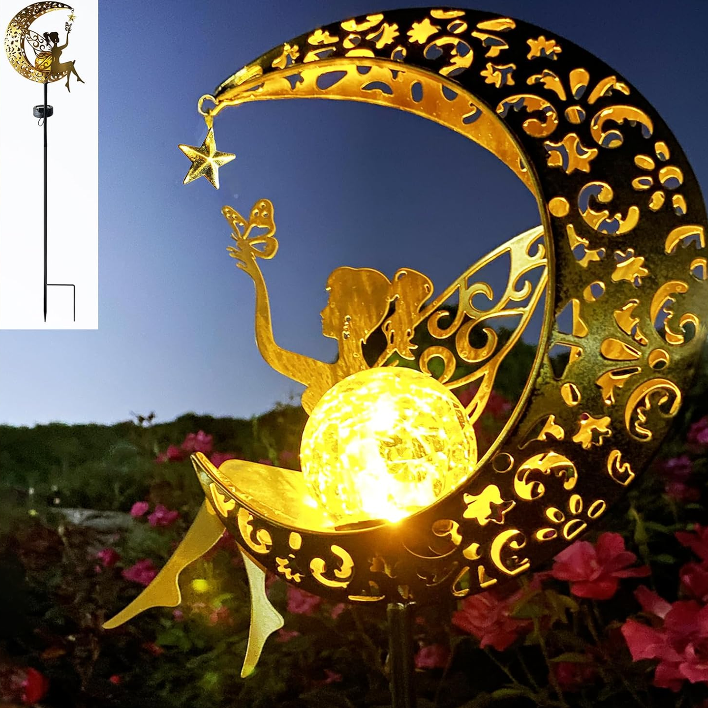 Solar Moon Fairy Lamp Outdoor Garden Iron Flower Fairy Ground Insertion Lamp Lawn Courtyard Decorative Light