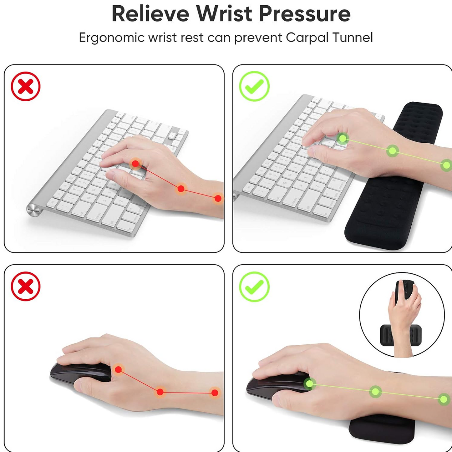 Ergonomic Keyboard Mouse Wrist Rest Memory Foam Rest Support Easy Typing and Pain Relief for Home, Office