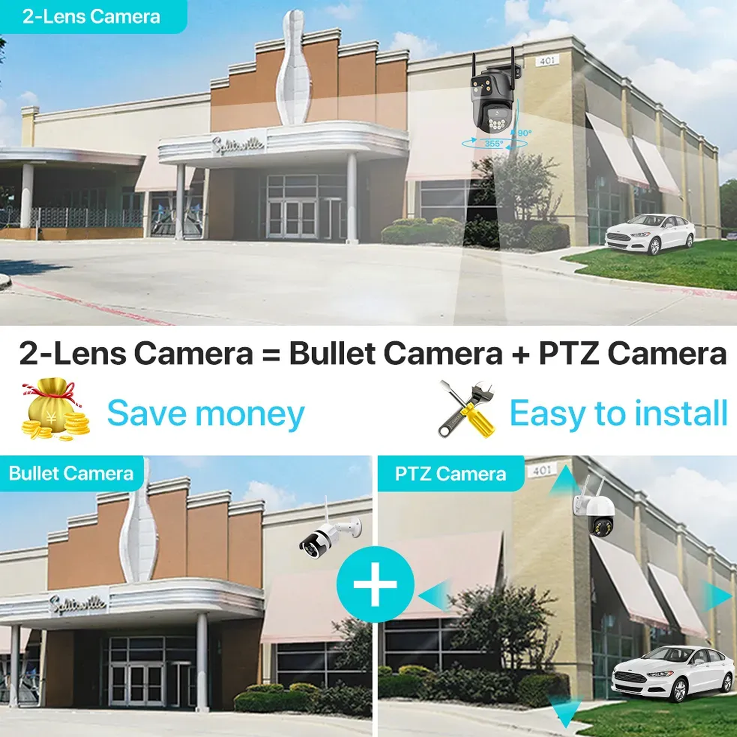 4K PTZ Wireless Security Camera Outdoor Dual Screen IP66 Waterproof Outside for Home Security