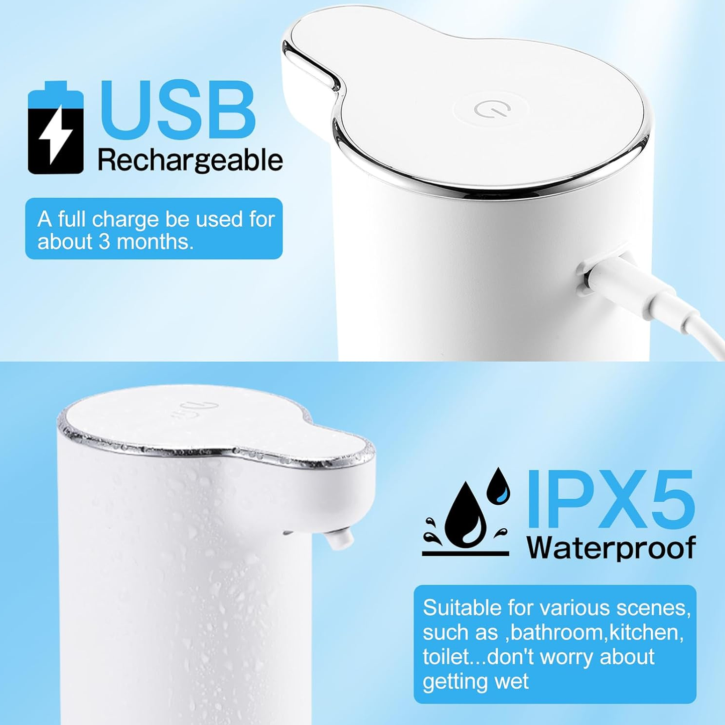 Automatic Hand Soap Dispenser Waterproof Rechargeable for Home Bathroom, Kitchen