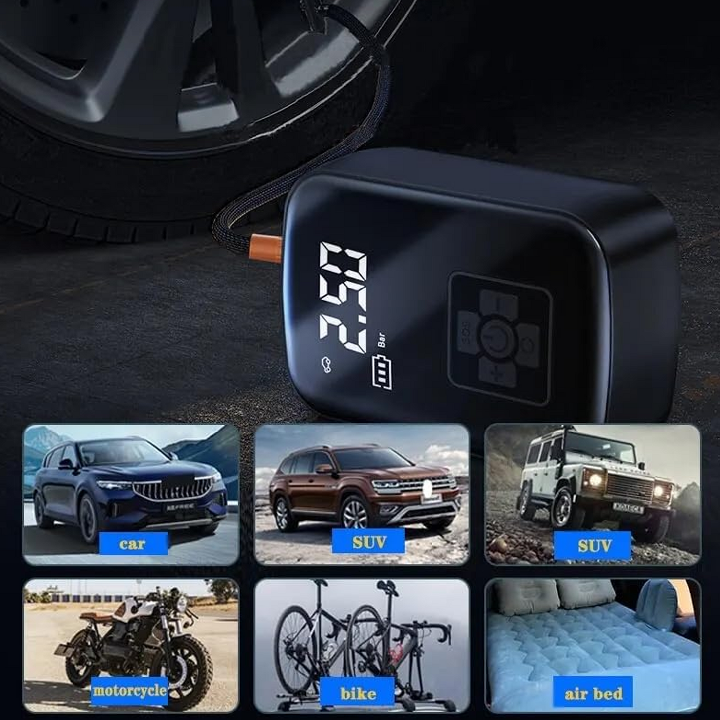 Wireless Car Air Compressor Electric Tire Inflator Pump for Motorcycle Bicycle Boat Auto Tyre