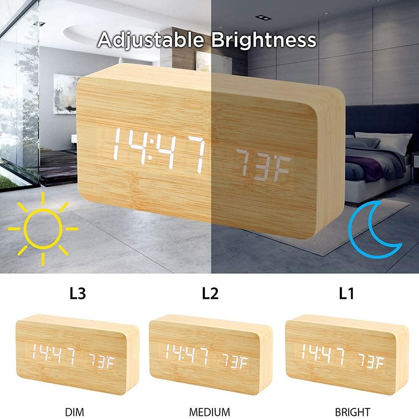 Wooden Digital Alarm Clock Multi-Function LED Clock with USB Power Supply Voice Control, Timer for Bedroom, Desk