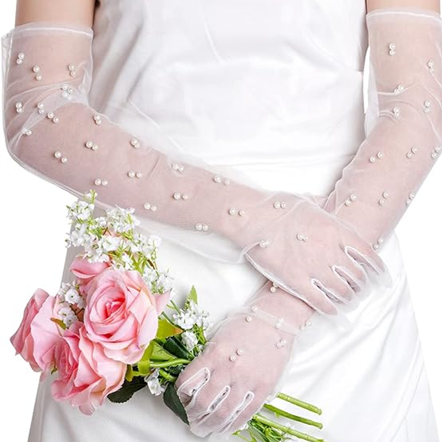 Wedding Long Pearl Gloves Wrist Bridal Bands Cuffs Arm Covers for Bride Women, Girls and Ladies