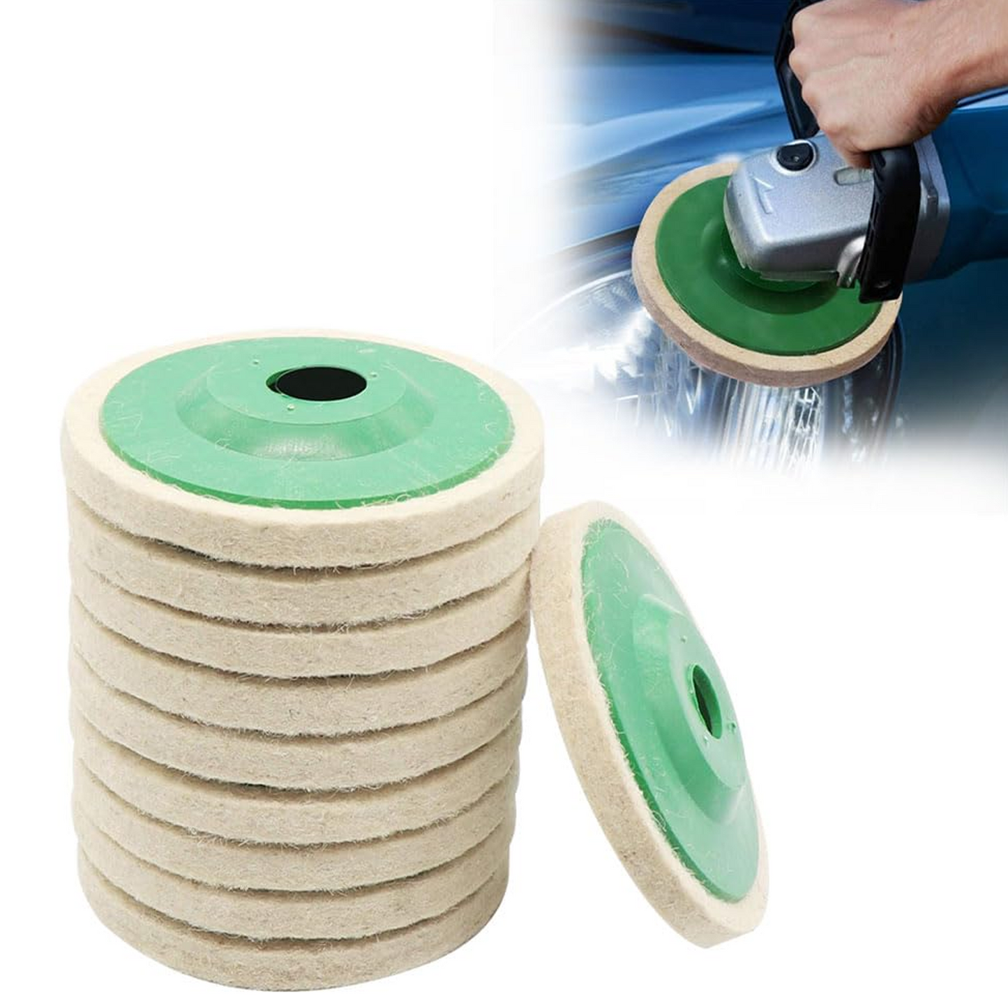 Round Wool Polishing Disc Wheel Pad for Buffing Polishing Buffer Bore Dia-White & Green