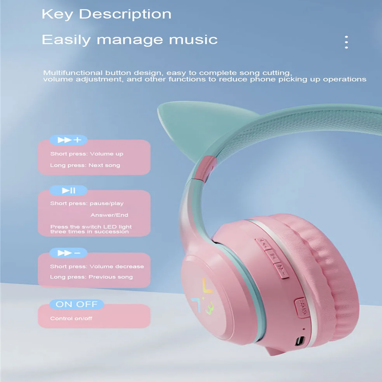 Cat's Ears Headset RGB Light Smile Face TWS Headset Gradient Headphone Little Girl Earphone Gift Suitable for Any Phone