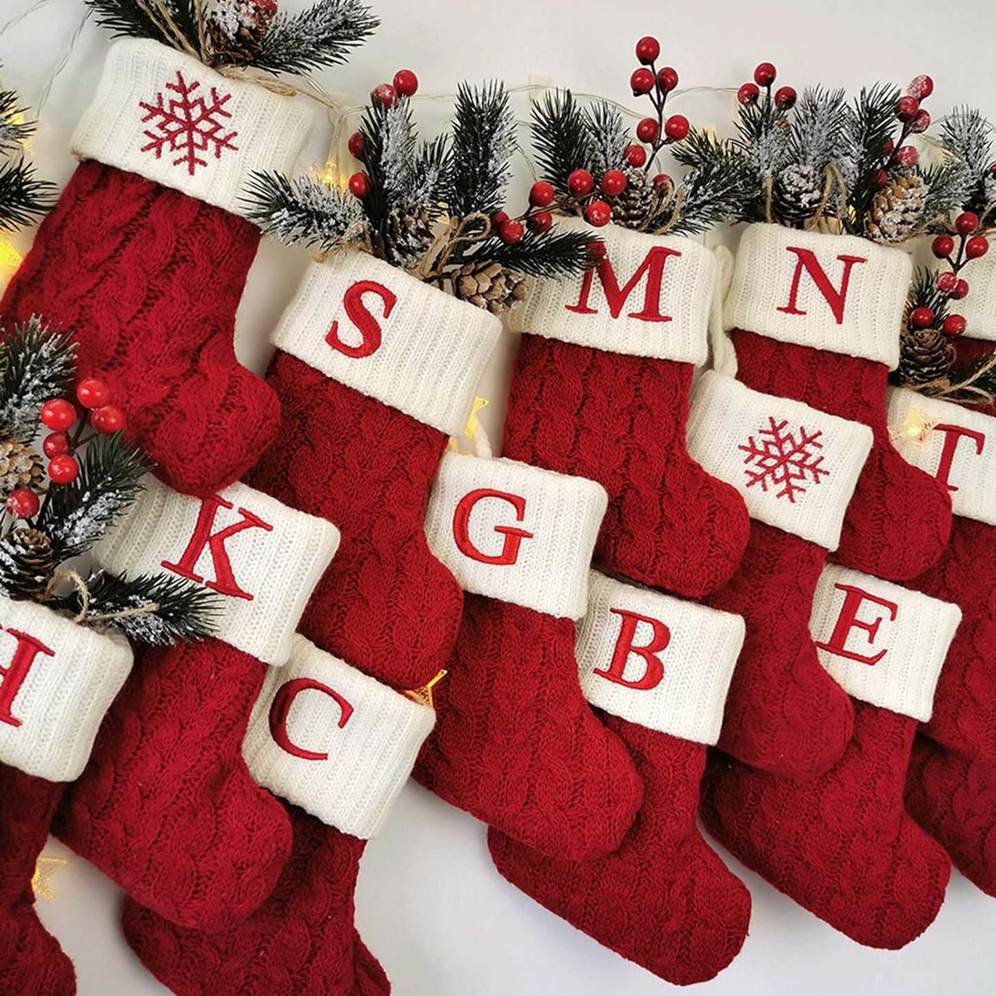 Christmas Stockings with Initials Embroidered Letter Knit Red White Stocking for Family Holiday Decorations