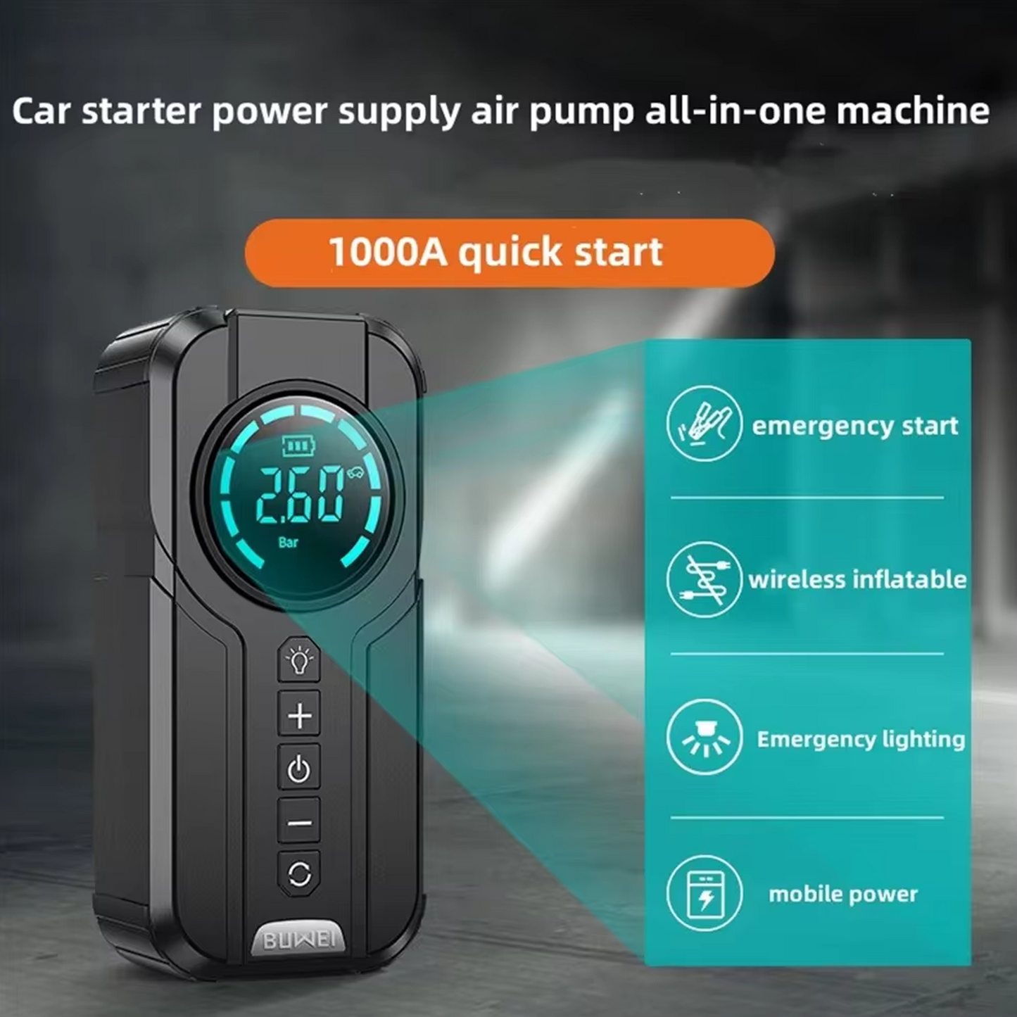 Car Jump Starter Air Pump Power Bank Lighting Air Compressor 4 in 1 Cars Battery Auto Tyre Inflator