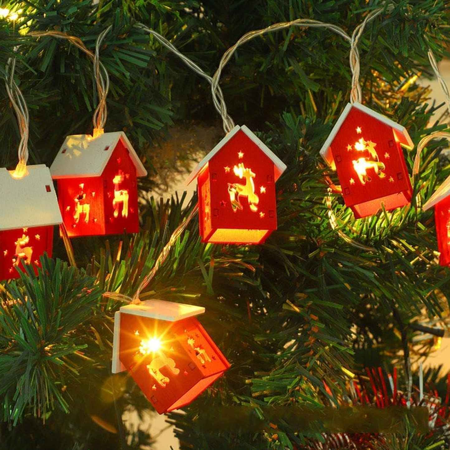 Christmas Wooden House String Lights Battery Operated Xmas Tree Hanging Ornament Lights for Xmas Outdoor Party