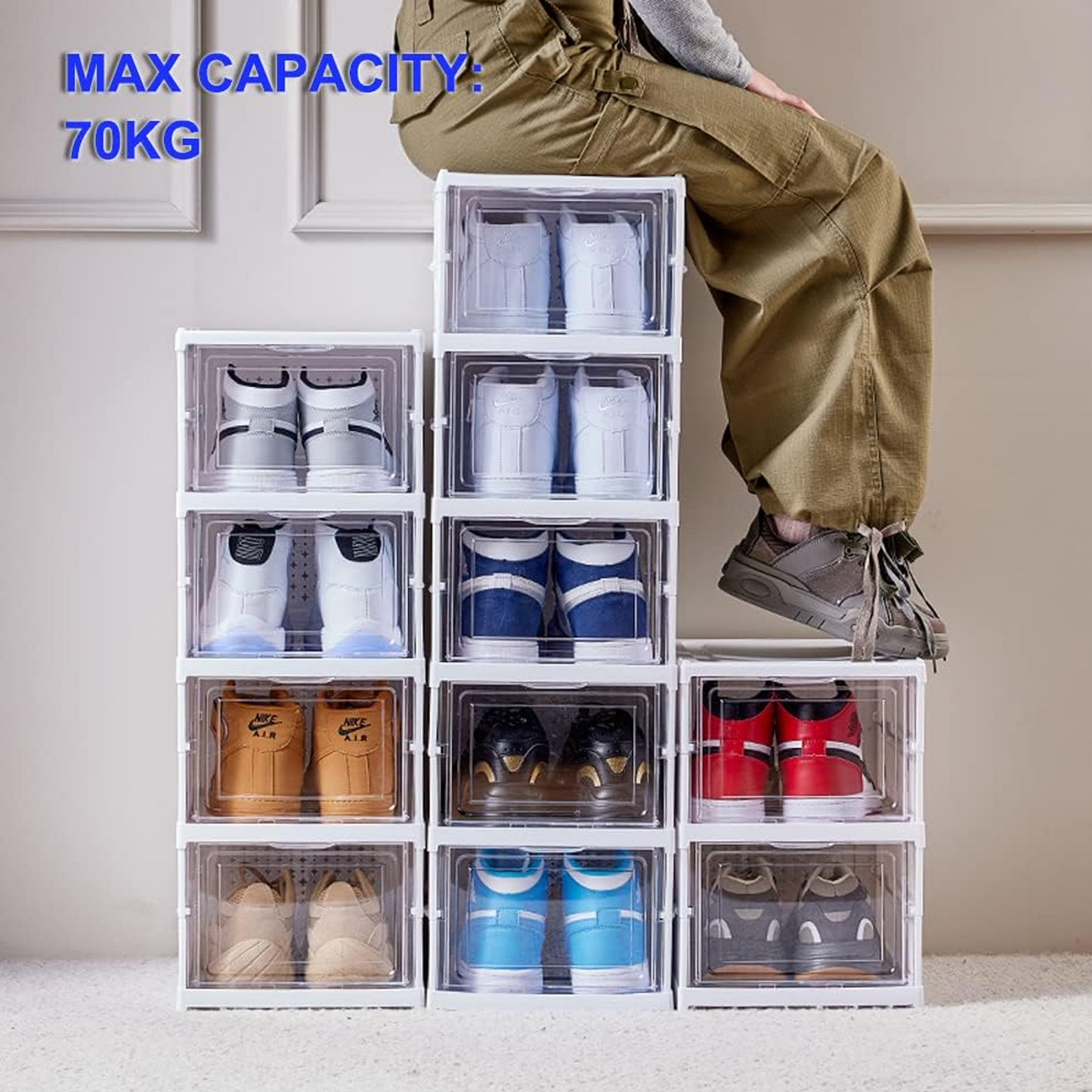 Foldable Shoe Rack Collapsible Storage Box Stackable Clear Plastic Boxes for Closet, Sneakers