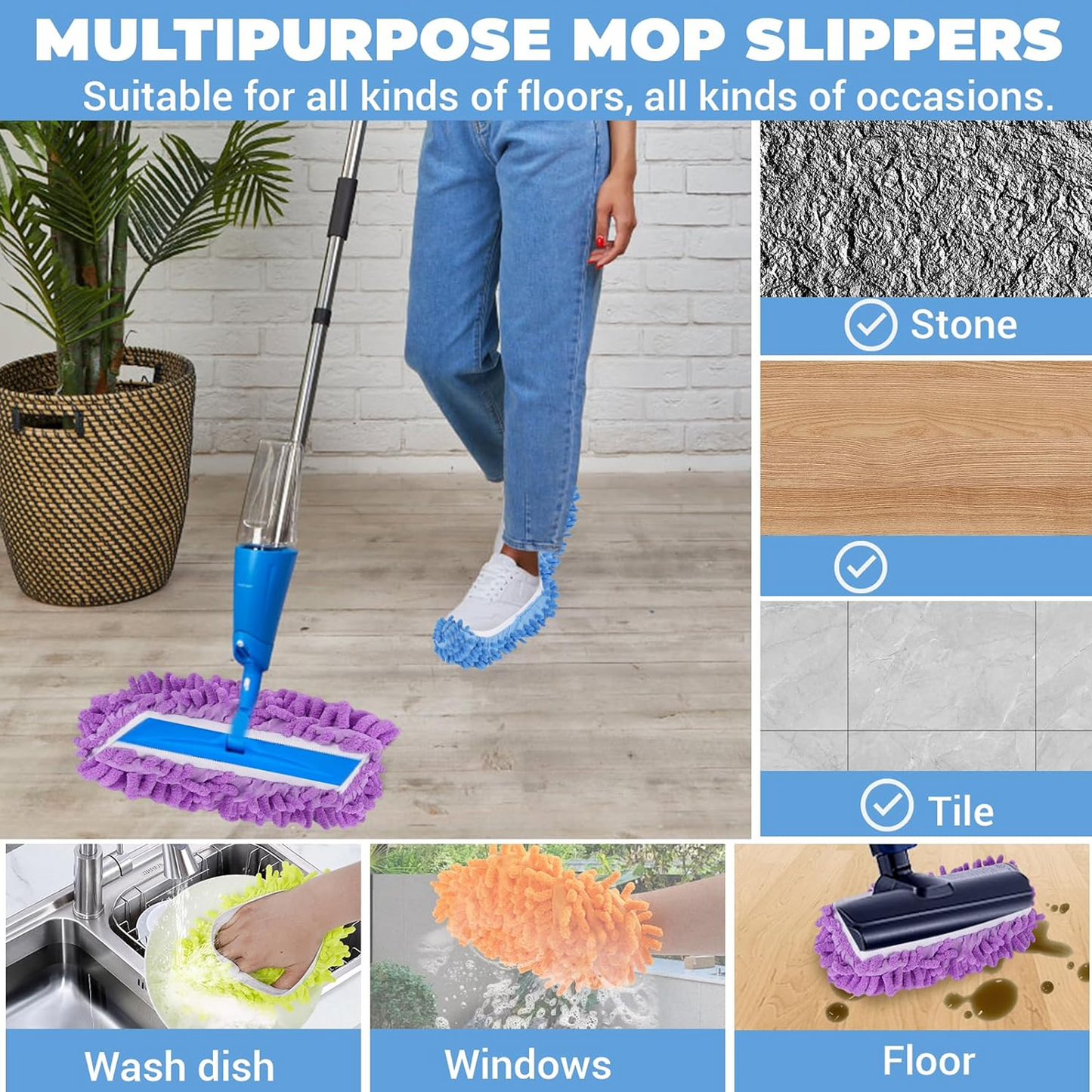 Duster Mop Slippers Cover Chenille Fibre Washable Dust Mop Slippers Floor Shoes for Bathroom, Kitchen