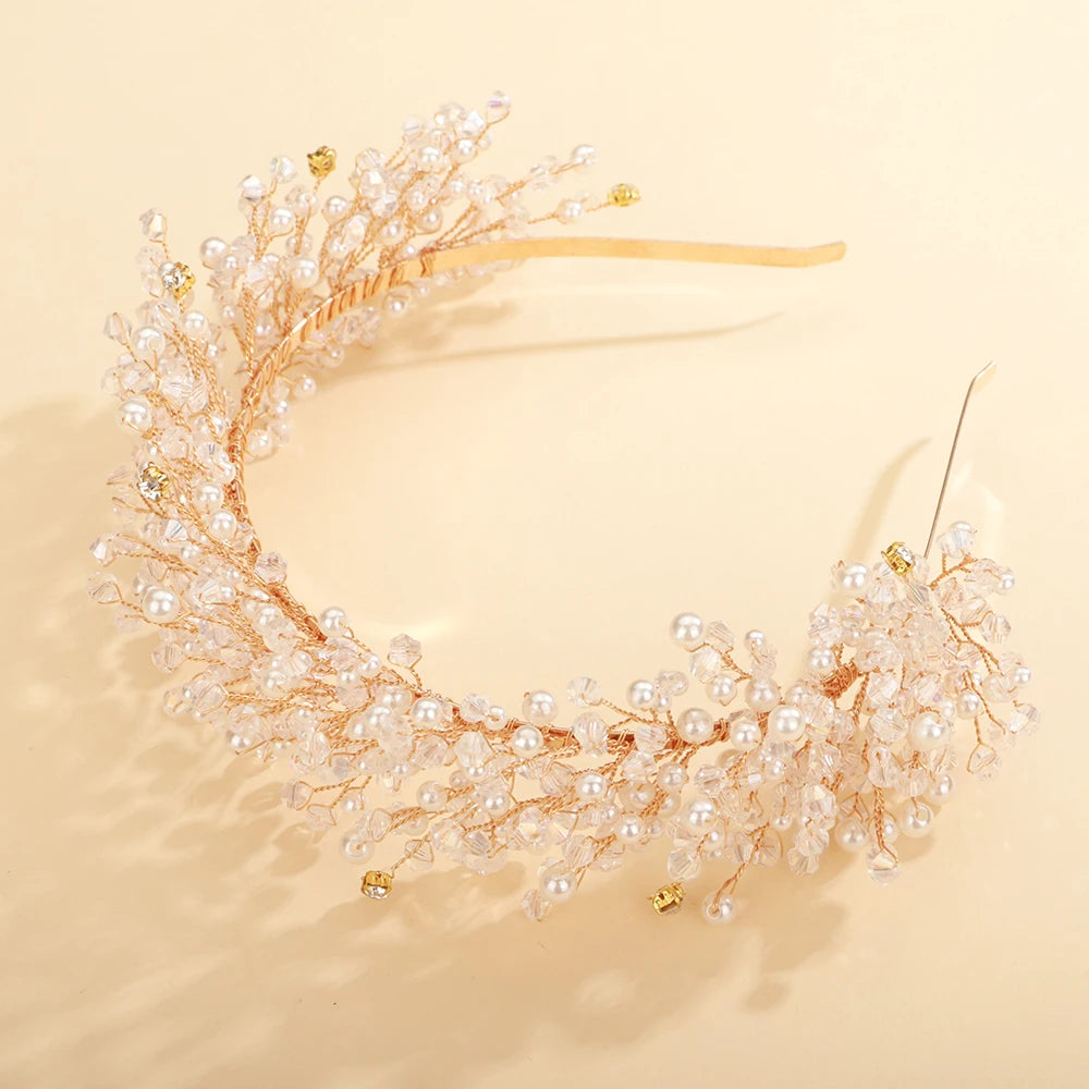 Rhinestone Tiara Headband Pearl Wedding Crown Crystal Leaf Hair Accessories