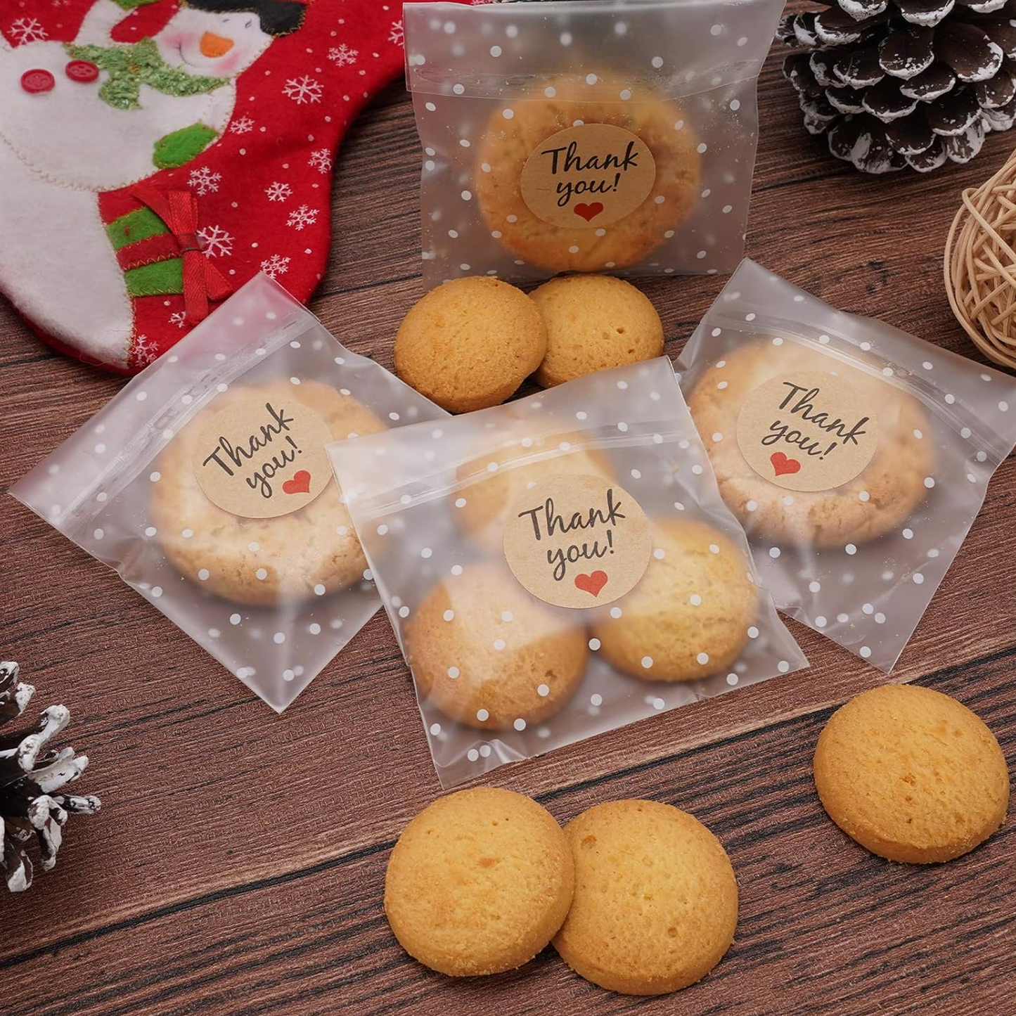 Self Adhesive Cookie Packaging Bags Treat Bags Resealable White Polka Dot Individual Cookie Bags for Gift Giving