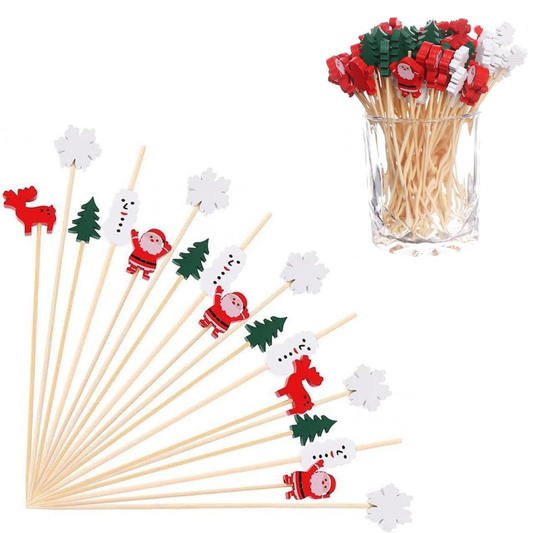 Christmas Cocktail Sticks, Snowflake Snowman Santa Claus Reindeer Bamboo Toothpicks for Christmas Party Appetizer Supplies