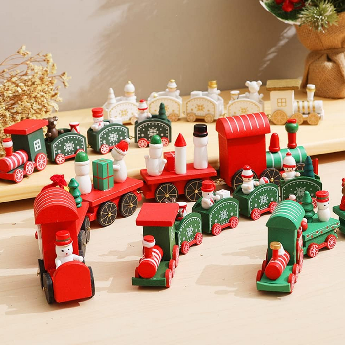 Christmas Train Painted Wooden Tree Decorations Xmas Table Top Ornament for Festival Party Decor