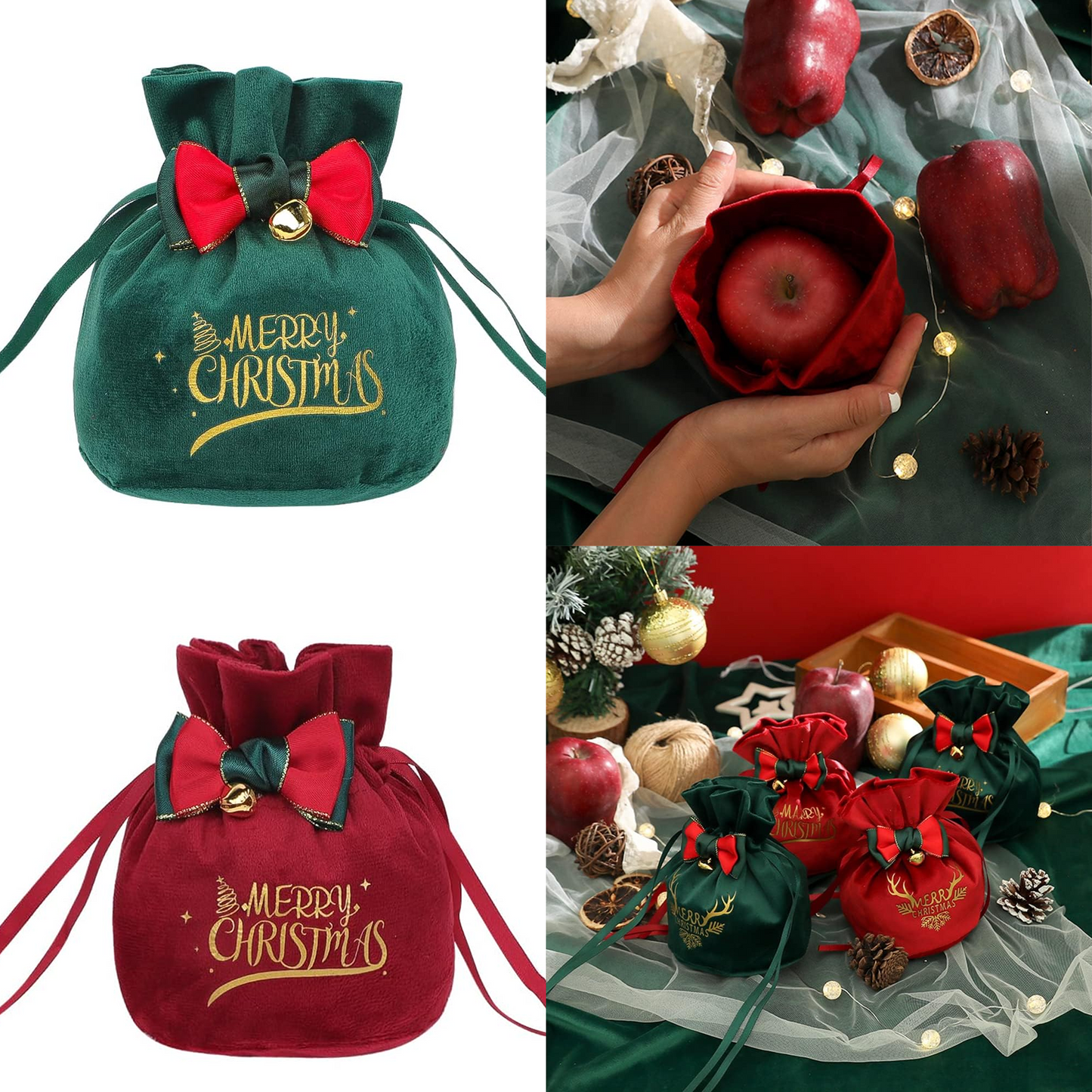 Christmas Drawstring Gift Candy Bags with Ribbon Santa Goody Treats Bags for Xmas Party Favors