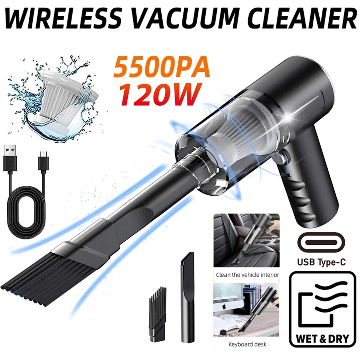 Wireless Vacuum Cleaner High Power Suction Rechargeable for Pet, Home, Office