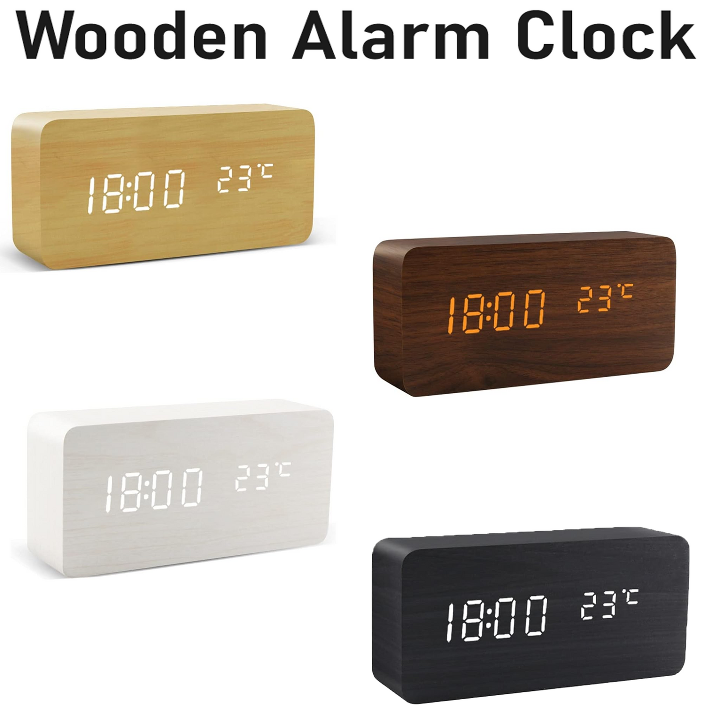 Wooden Digital Alarm Clock Multi-Function LED Clock with USB Power Supply Voice Control, Timer for Bedroom, Desk