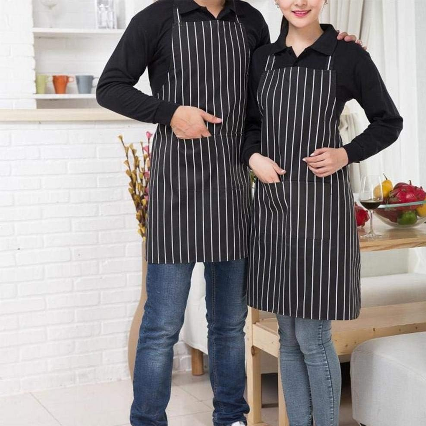 Adjustable Half-length Kitchen Apron Adult Striped Restaurant Hotel Chef Waiter Apron Picnic Cook Apron With 2 Pockets