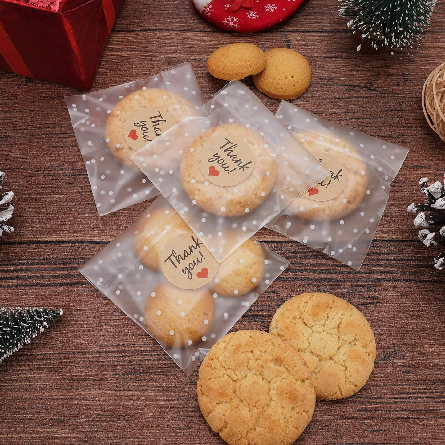 Self Adhesive Cookie Packaging Bags Treat Bags Resealable White Polka Dot Individual Cookie Bags for Gift Giving